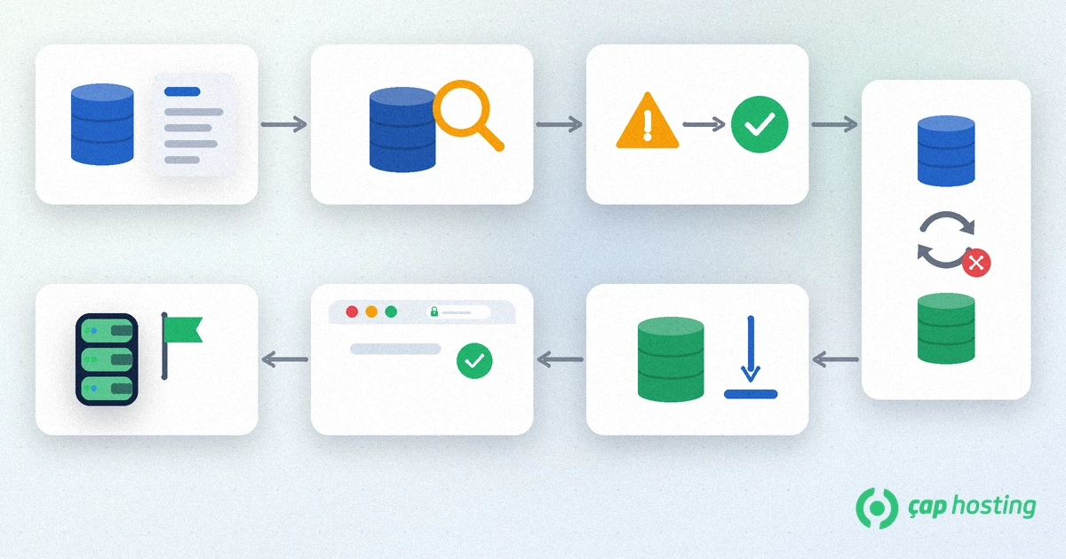 MySQL ile MariaDB arasında taşıma adımları: döküm dosyası, büyüteçle sürüm kontrolü, uyarıdan onaya dönen karakter seti/collation kontrolü, yeniden kurulan replikasyon, hedef veritabanına içe aktarma, tarayıcıda site testi ve yeşil bayrakla canlıya alma