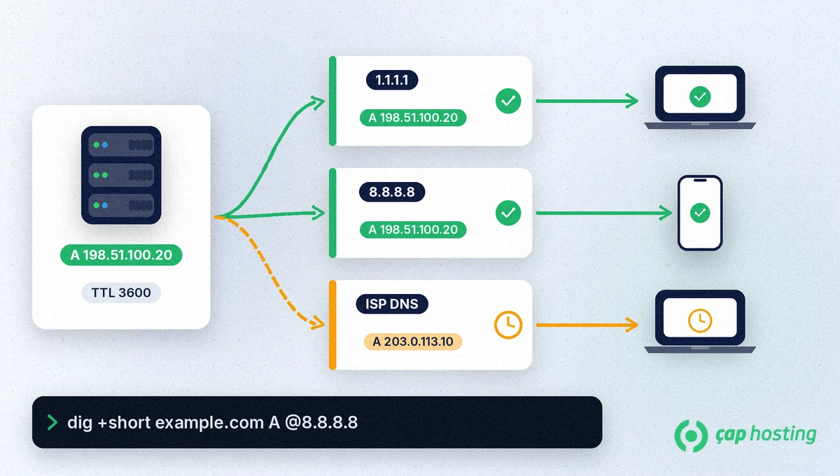 DNS yayılımı şeması: yetkili DNS sunucusunda yeni A kaydı (198.51.100.20, TTL 3600); 1.1.1.1 ve 8.8.8.8 yeni kaydı döndürüyor, ISP çözümleyicisi TTL dolana kadar eski kaydı (203.0.113.10) veriyor; altta dig komutu DNS yayılımı şeması: yetkili DNS sunucusunda yeni A kaydı (198.51.100.20, TTL 3600); 1.1.1.1 ve 8.8.8.8 yeni kaydı döndürüyor, ISP çözümleyicisi TTL dolana kadar eski kaydı (203.0.113.10) veriyor; altta dig komutu