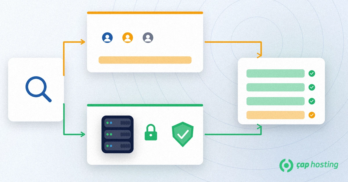 VDS or VPS choice: question card on the left forks into an upper VPS lane (tenants + soft bar) and a lower VDS lane (lock + shield); checklist on the right