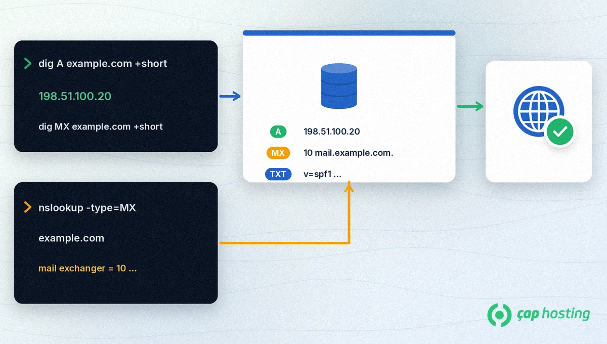 dig ve nslookup ile DNS kontrolü: dig A/MX example.com komutları, çözümleyici kartında A MX TXT örnek satırları, nslookup -type=MX ve yeşil onaylı küre