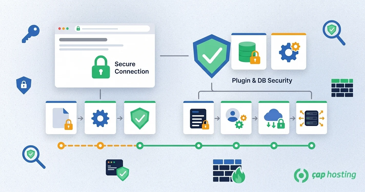 WordPress security layers: secure connection, plugin and database security, file permissions, backups and firewall